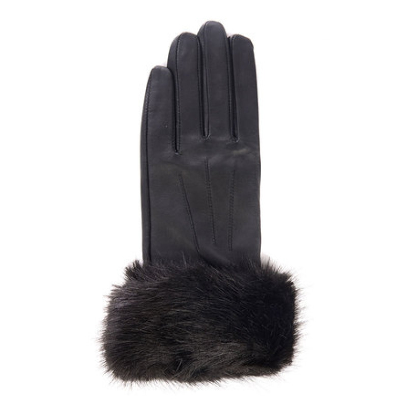 Barbour Fur Trimmed Leather Gloves Black
